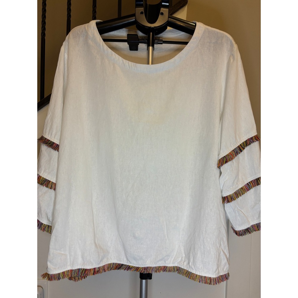 C&C California Womens 2X White Linen Rainbow Fringe Tiered Sleeve Blouse Top